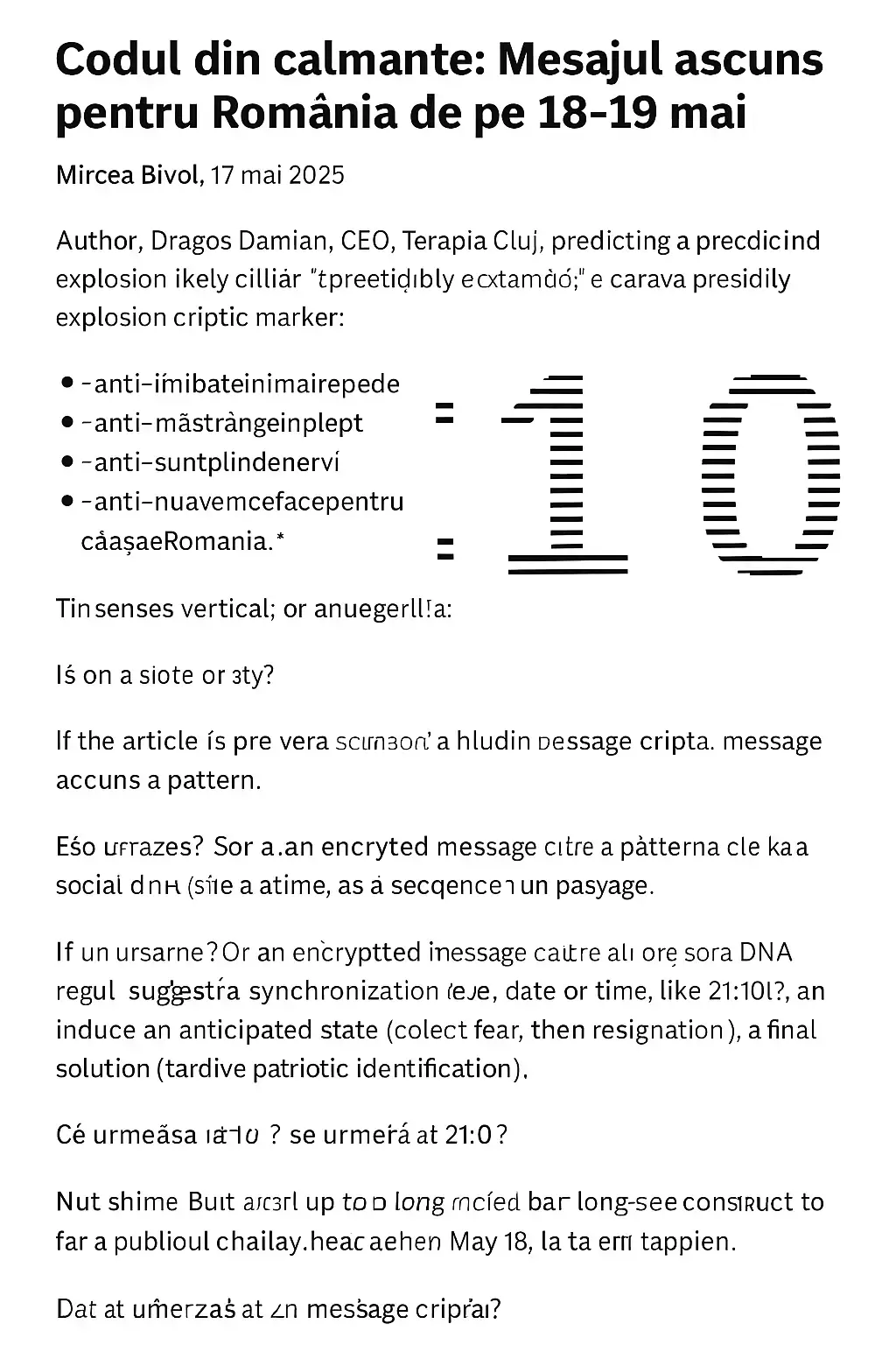 Imagine digitală conceptuală în care cifrele „21:10” sunt vizibil sugerate de forma cuvintelor și spațierea într-un articol despre calmante, semnat de Mircea Bivol, pe tema alegerilor din 18–19 mai 2025.