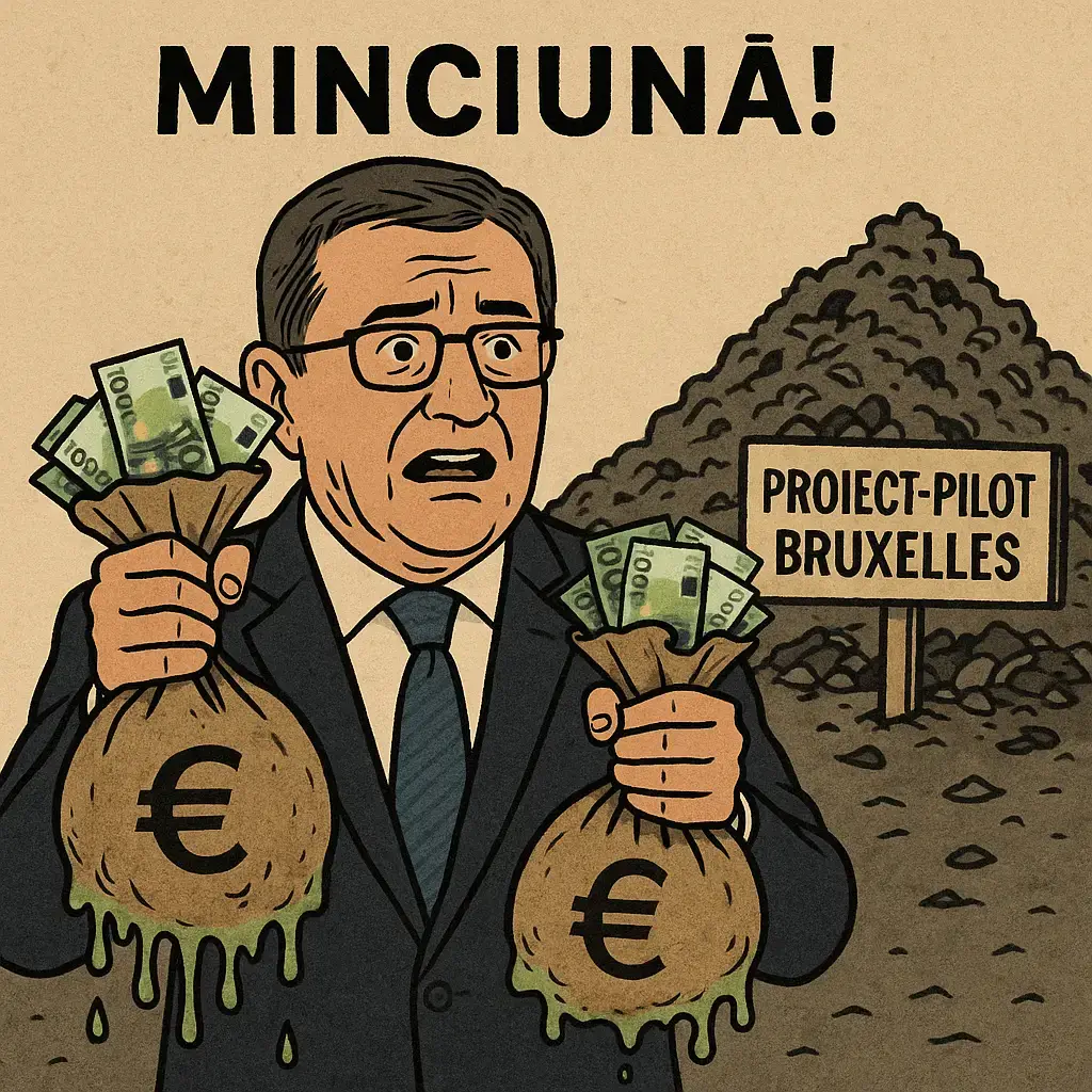 Ministru ținând saci cu euro care se scurg în fața unei gropi de gunoi cu semn „Proiect-pilot Bruxelles” – imagine satirică despre fondurile europene și promisiunile electorale.