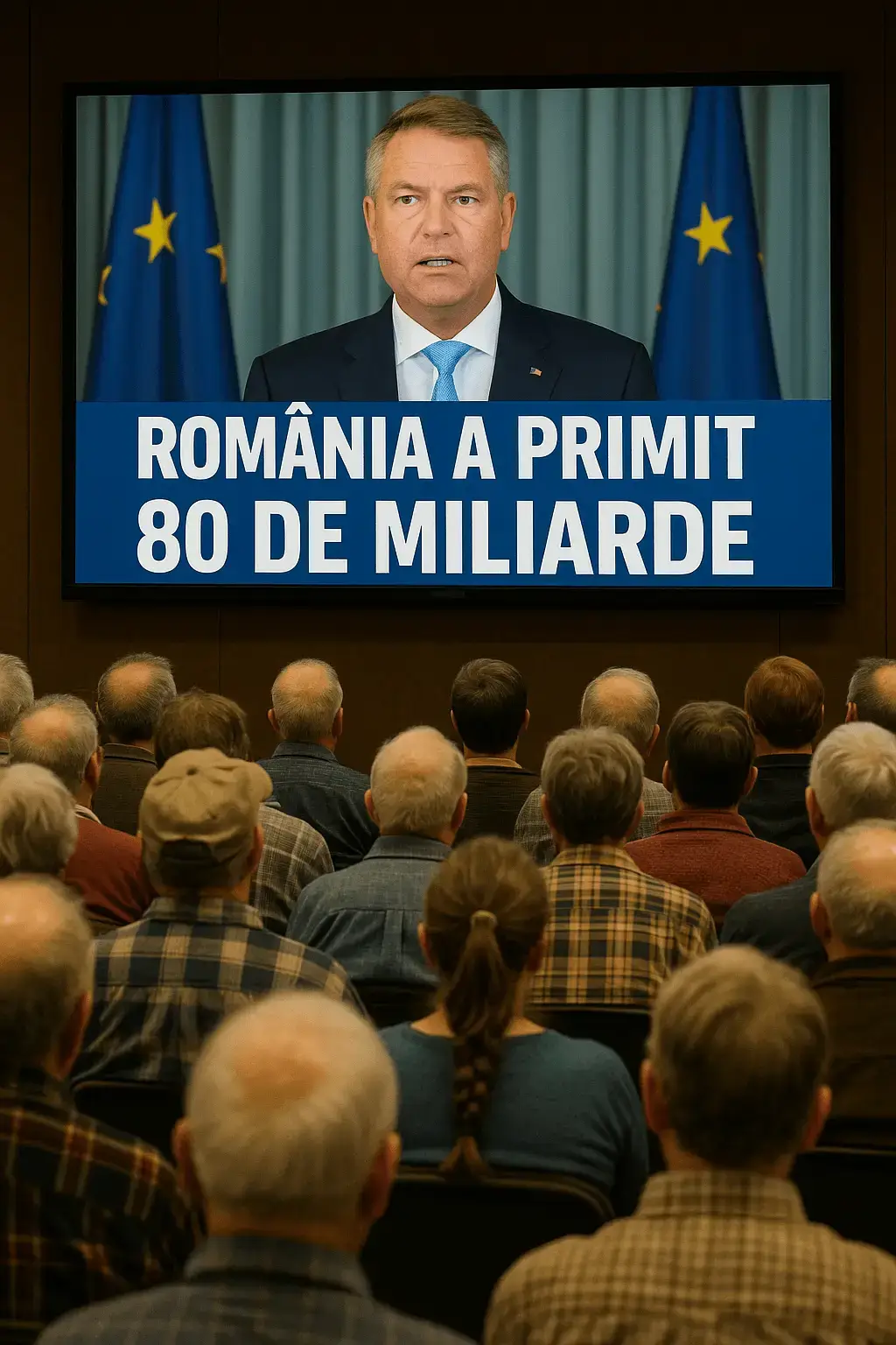 Oameni privesc un ecran uriaș unde Klaus Iohannis promite 80 de miliarde de euro pentru România