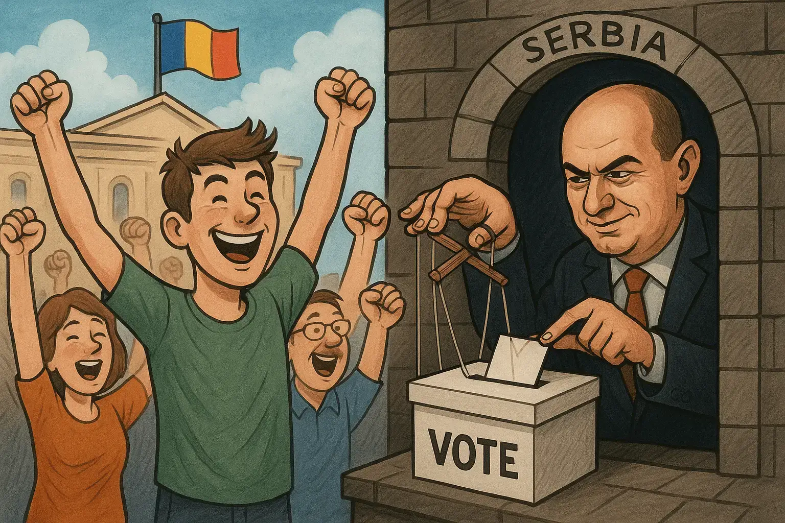 magine satirică: Poporul român sărbătorește alegerile, în timp ce Sebastian Ghiță din Serbia controlează votul cu telecomanda