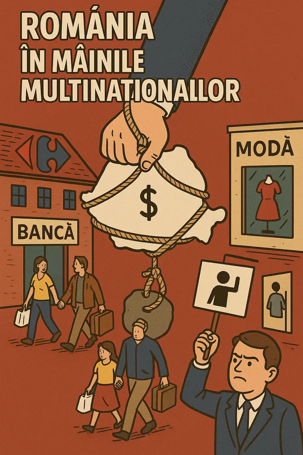 Imagine satirică cu români evacuați din locuințe și magazine, simbolizând dominația multinaționalelor și lipsa reală de suveranitate