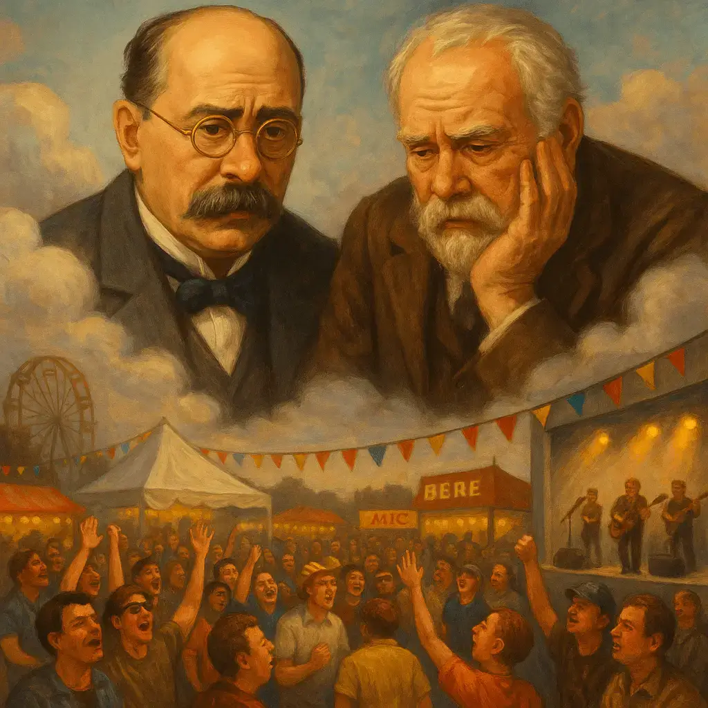 Ion Luca Caragiale și Dinu Săraru în nori, observând cu dezamăgire un festival românesc aglomerat, cu micii, berea și scena de muzică în prim-plan