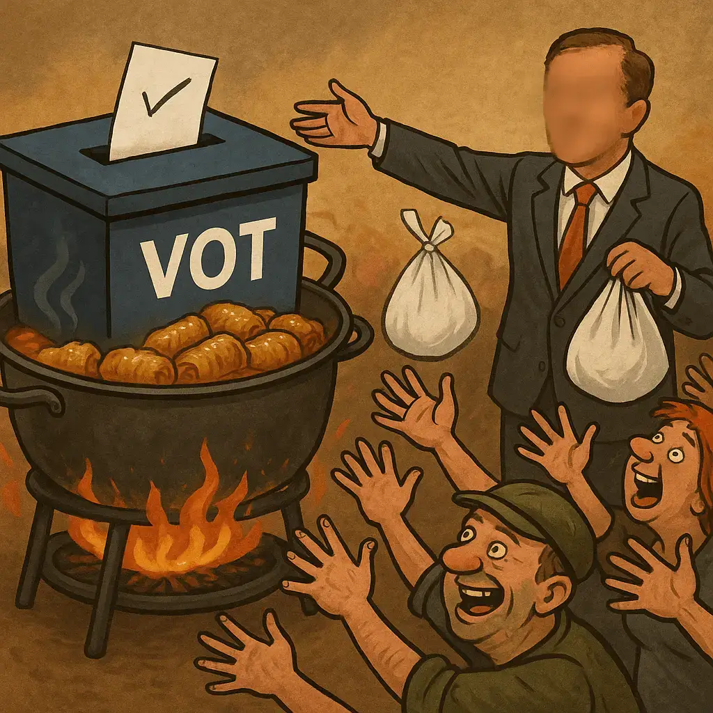 Politician care oferă plase cu pomeni electorale în timp ce o urnă de vot este transformată într-un cazan cu sarmale