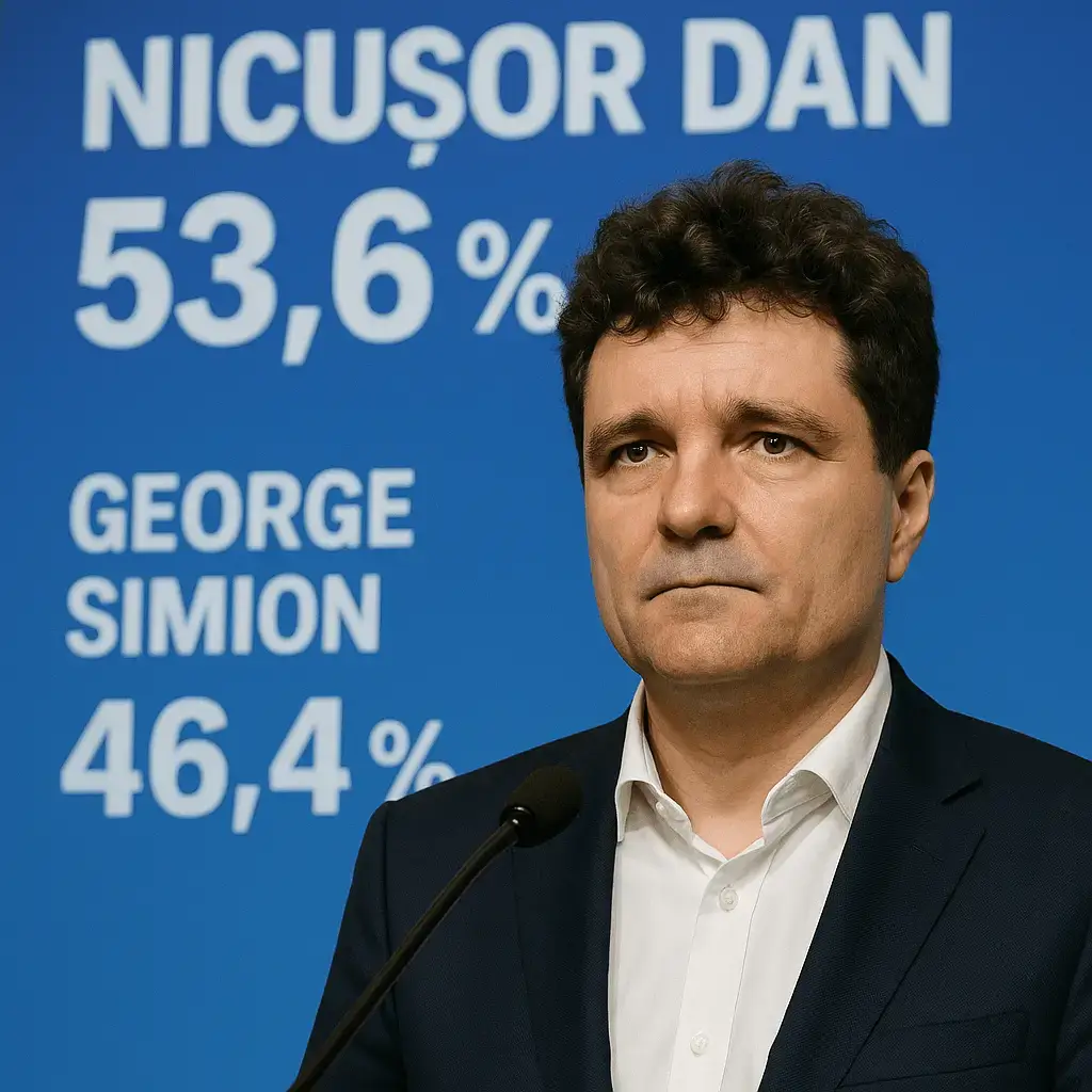 Nicușor Dan în fața ecranului cu rezultatele alegerilor, după victoria în turul doi, mai 2025