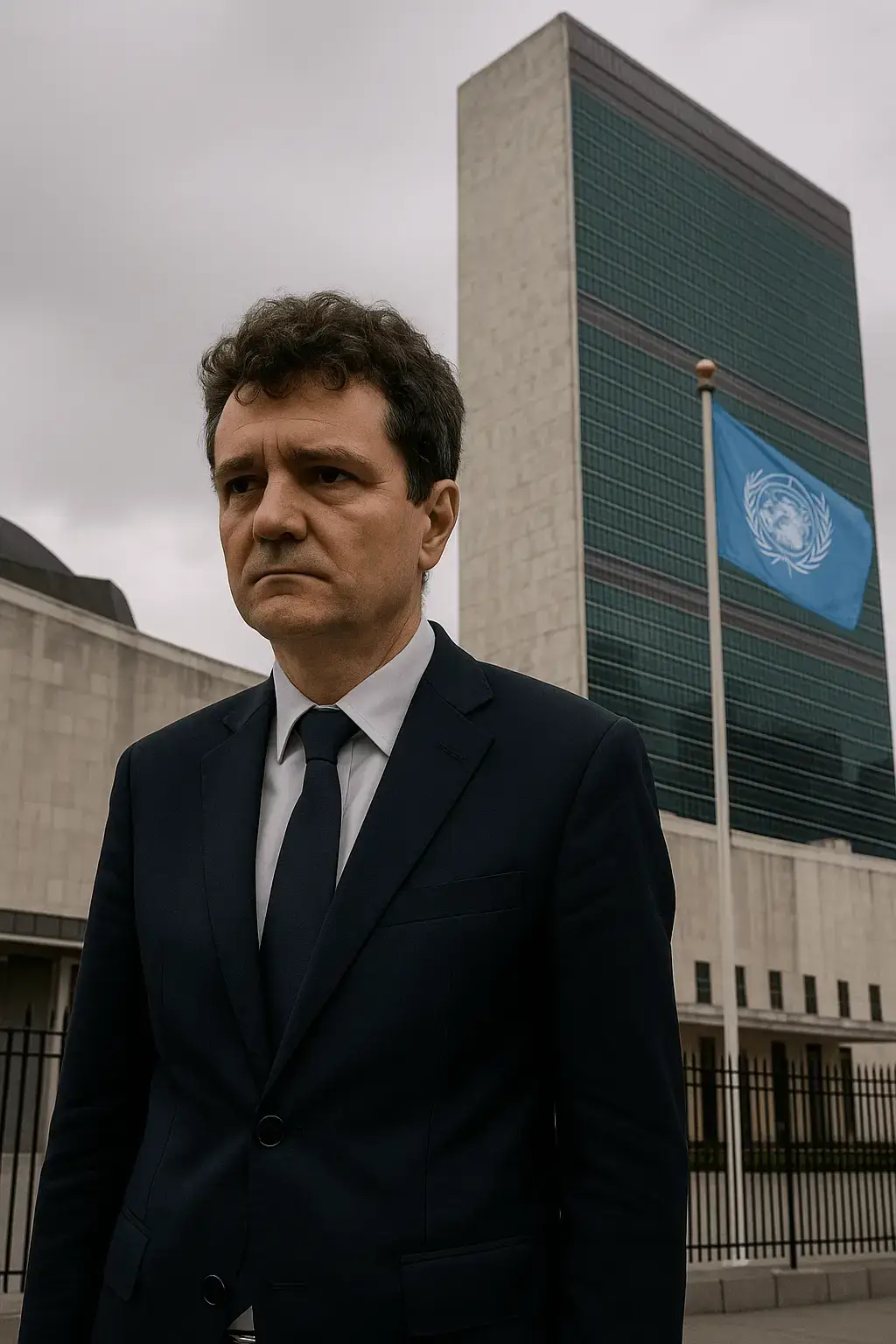 Nicușor Dan stând solemn în fața sediului ONU, simbolizând izolaționismul diplomatic al României