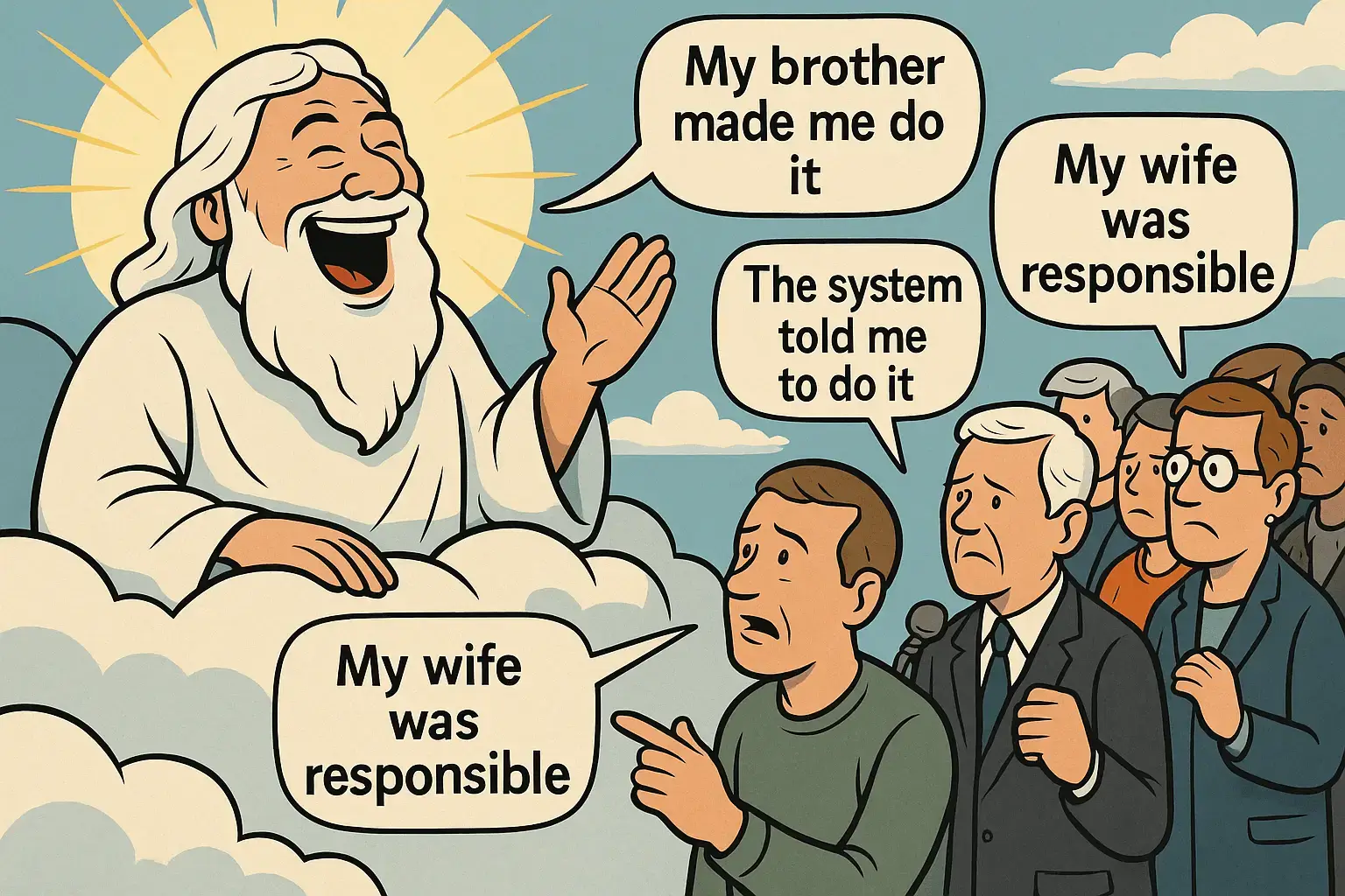 Satirical cartoon titled “Judgment Day Excuses” where God laughs as people give absurd justifications like “My wife pushed me” or “It was the system’s fault.”