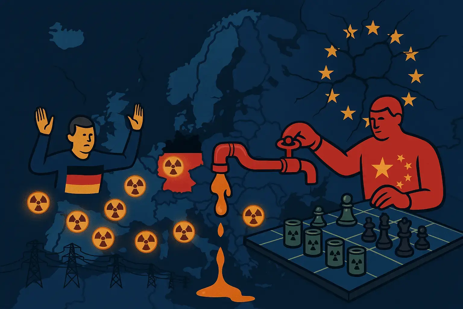 Illustration showing Germany surrendering, Russia controlling uranium flow, and China playing nuclear chess over a map of Europe