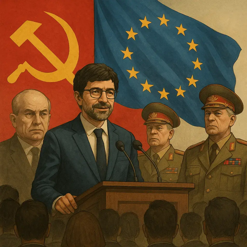 A political illustration of a man in a suit speaking at a podium, with EU and Soviet flags behind him, flanked by generals — symbolizing Romania's hybrid regime in 2025