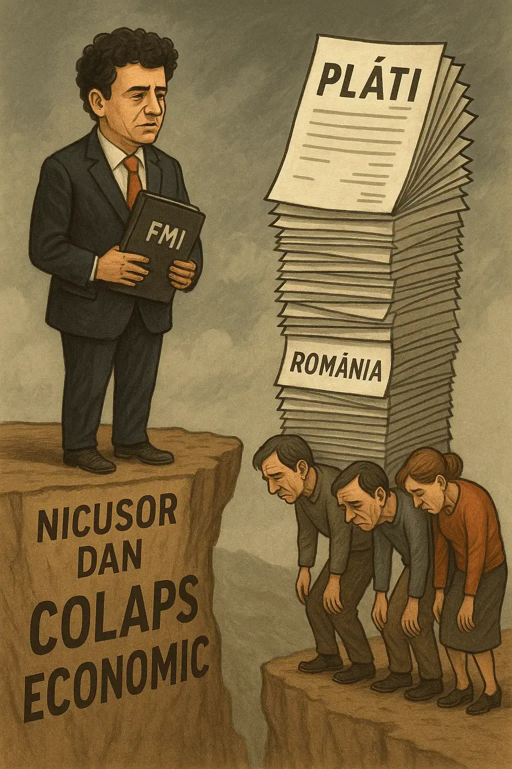 Ilustrație satirică cu Nicușor Dan privind un teanc imens de facturi numite „PLĂȚI”, sub care români cocoșați simbolizează povara fiscală a crizei economice din România.
