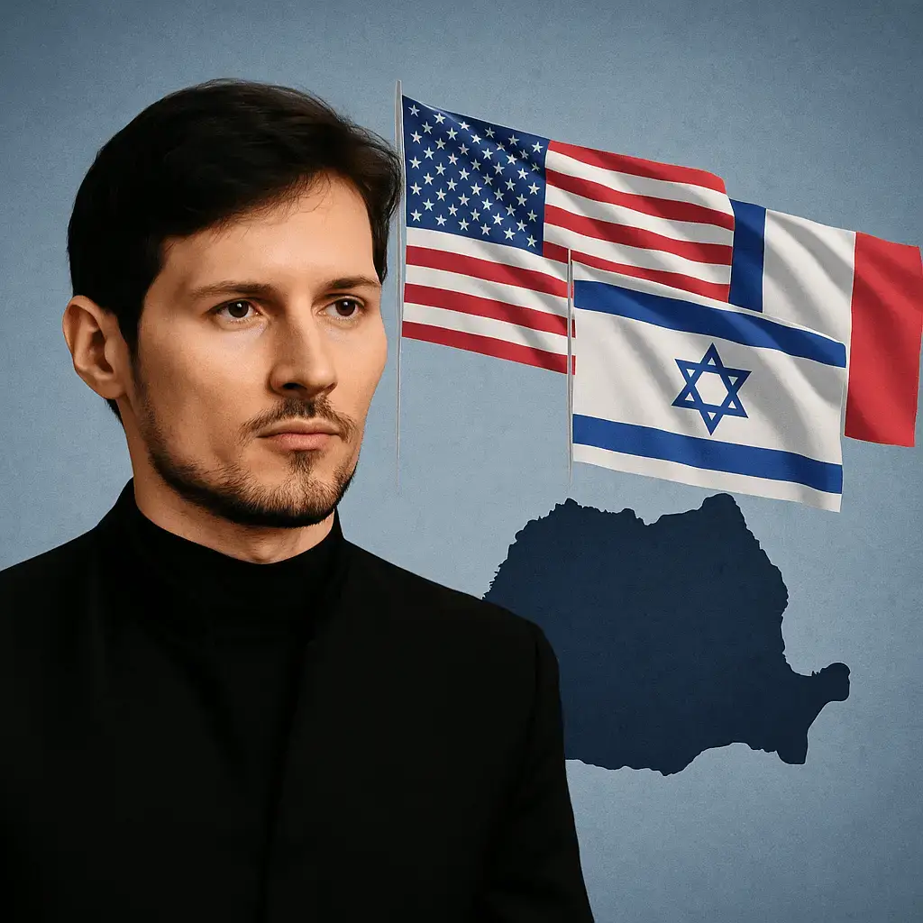 Pavel Durov in black outfit with US, Israeli and French flags behind, Romania map in background