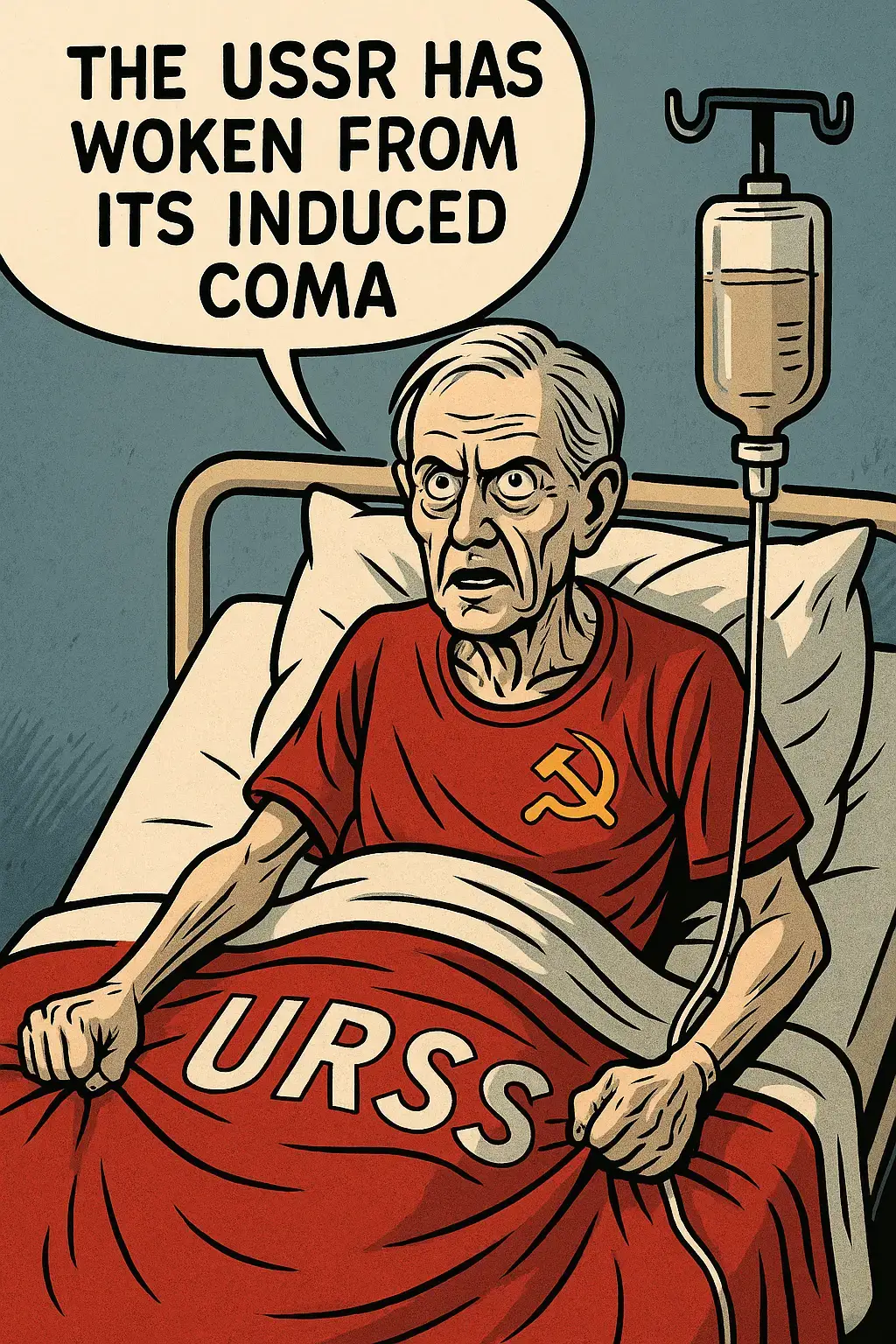 Satirical image of the USSR awakening in a hospital bed, symbolizing Russia's imperial revival
