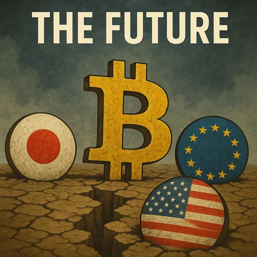 A digital illustration showing the Bitcoin symbol rising above cracked ground, while the flags of Japan, the EU, and the US sink into the earth beneath a stormy sky.