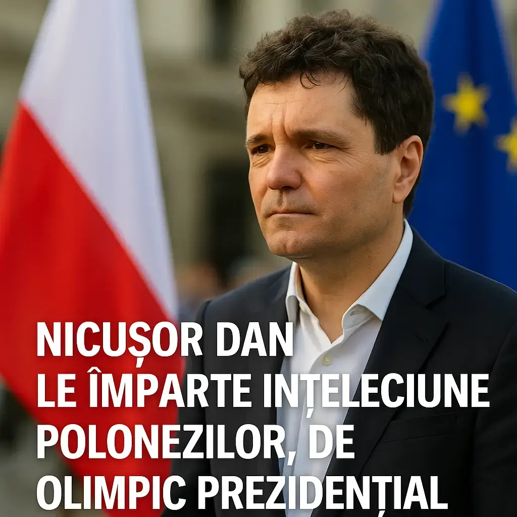 Nicușor Dan la eveniment în Polonia, cu steagul UE și Poloniei în fundal