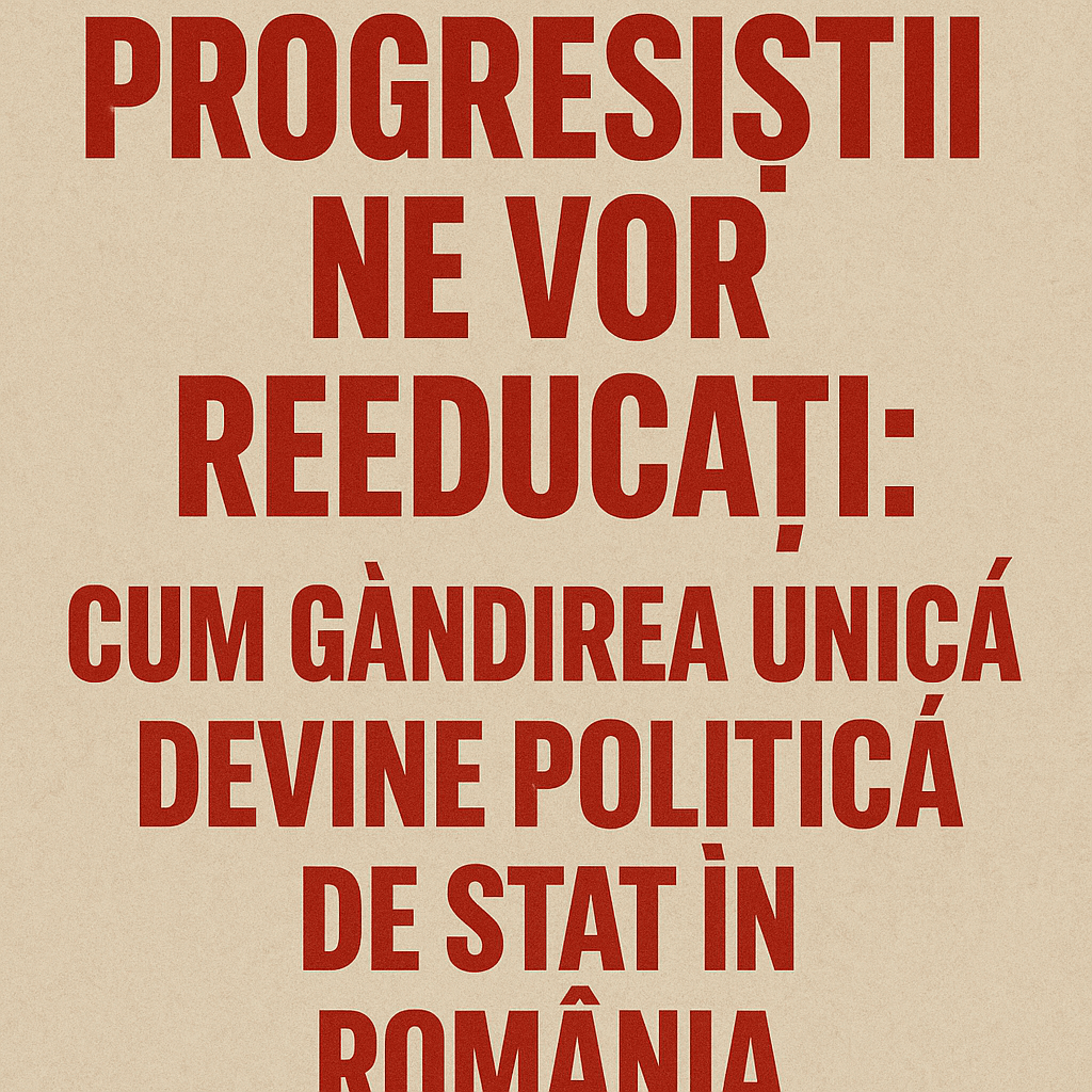 Imagine simbolică reprezentând un chip uman cu gură cenzurată și ochi controlați digital, înconjurat de simboluri progresiste și iconografie totalitară.