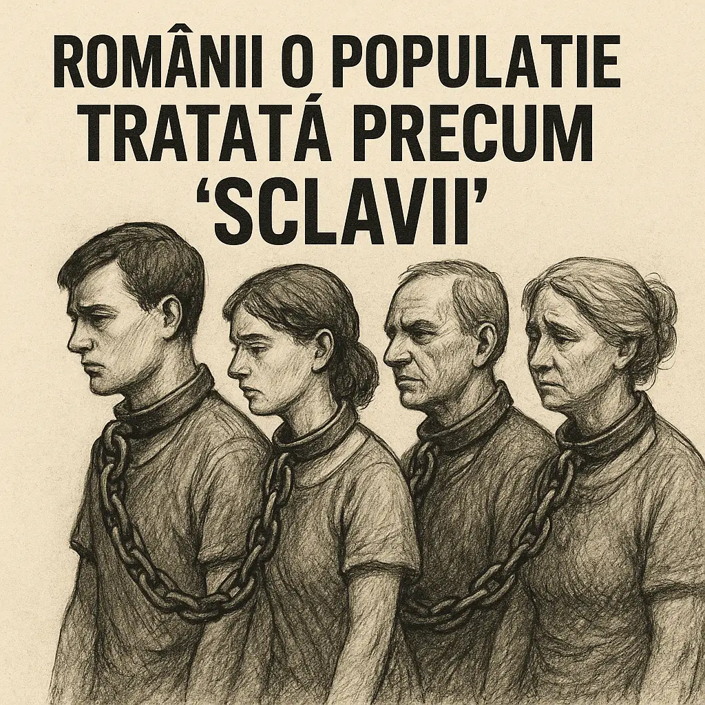 Ilustrație satirică reprezentând cetățeni români înlănțuiți, simbolizând tratarea populației ca resursă de mobilizare forțată.