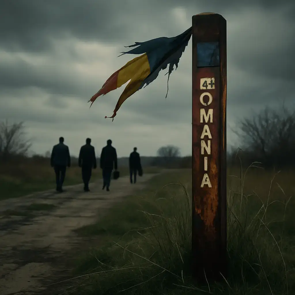 Stâlp ruginit de frontieră cu tricolor rupt, simbolizând fragilitatea suveranității României, pe un drum pustiu