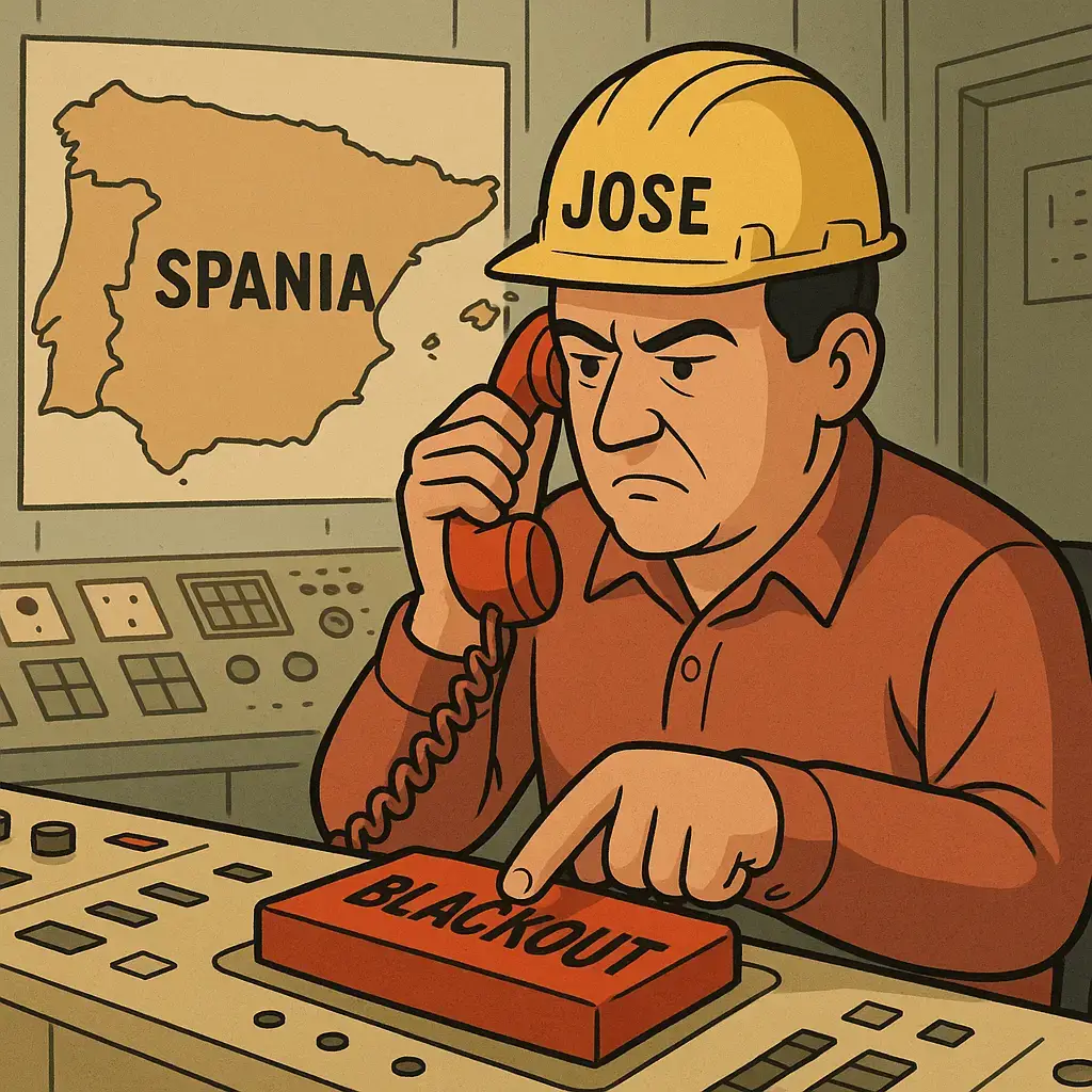 Ilustrație satirică cu un tehnician spaniol numit Jose apăsând butonul BLACKOUT într-un centru de control, ținând un telefon roșu, pe fundal o hartă a Spaniei.