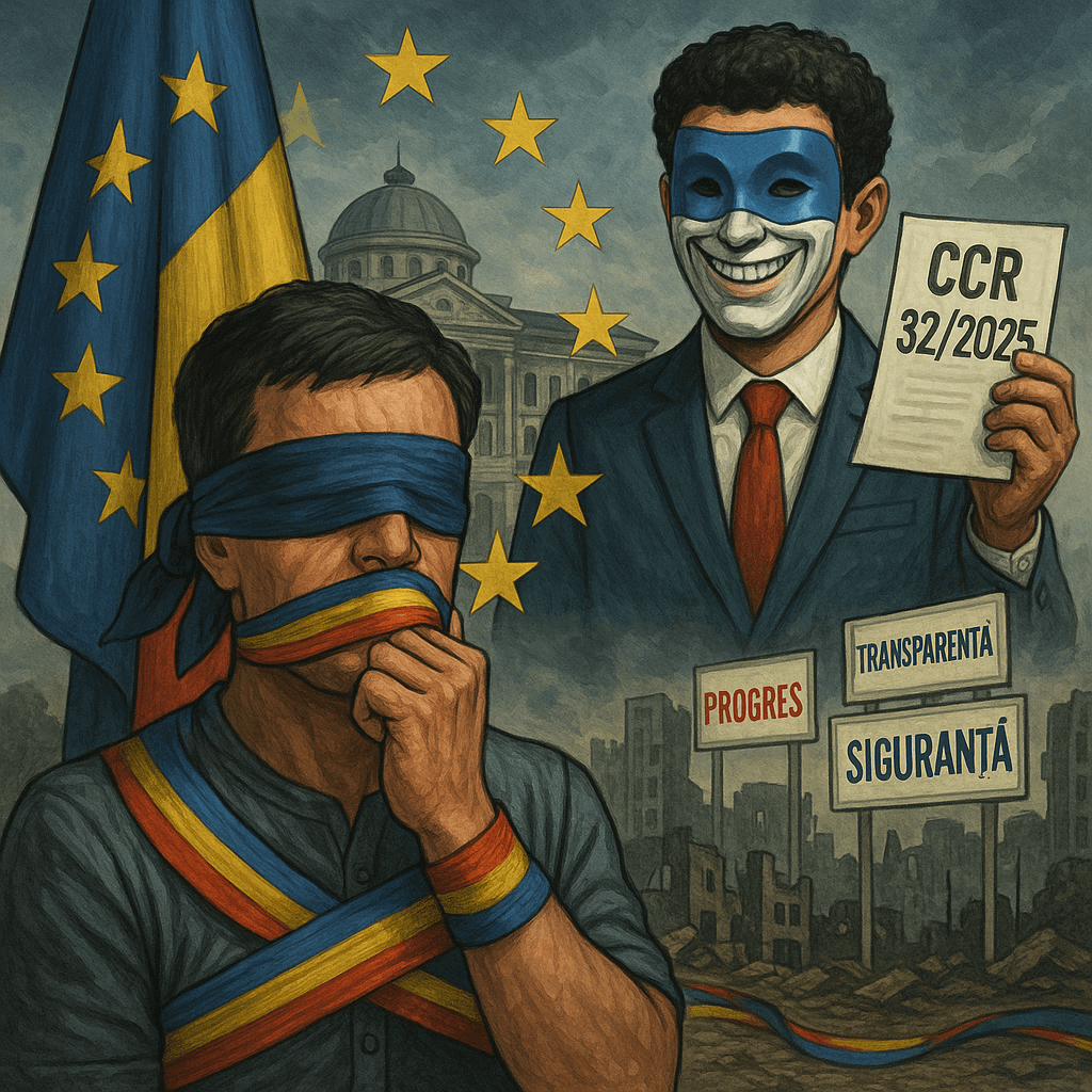 Cetățean român legat la gură și la ochi cu tricolorul, în fața unui politician mascat care ține o decizie CCR 32/2025, cu stele UE și pancarte false în fundal