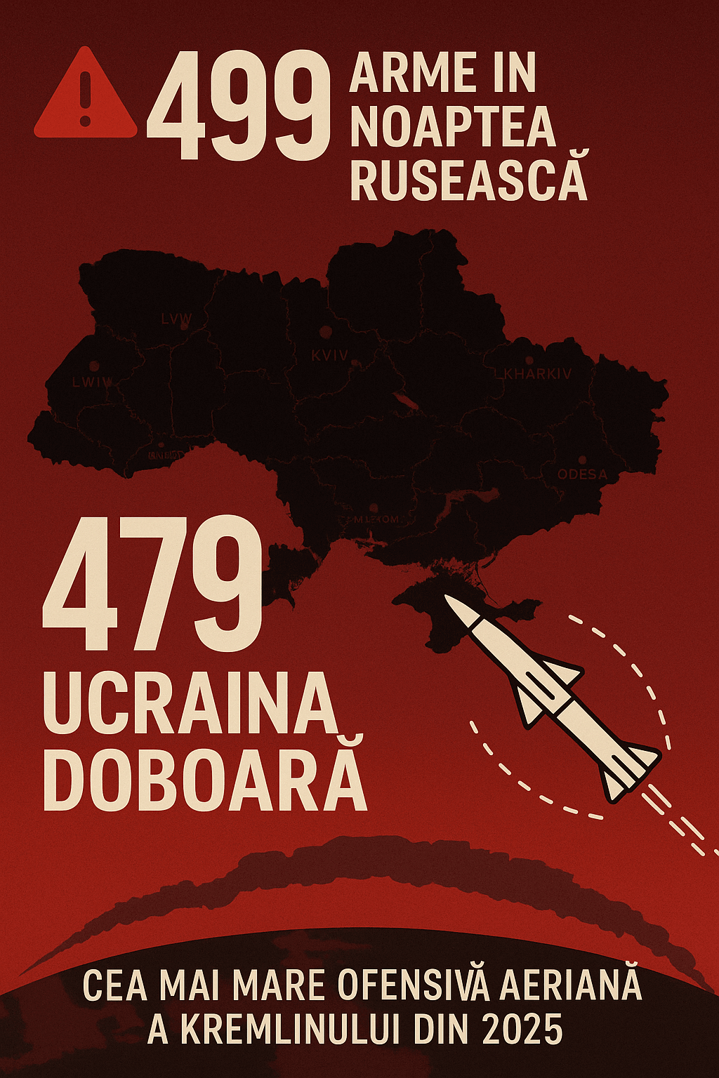 Infografic despre atacul aerian din 9 iunie 2025: Rusia lansează 499 de arme, Ucraina doboară 479. Hartă, rachetă și text statistic.