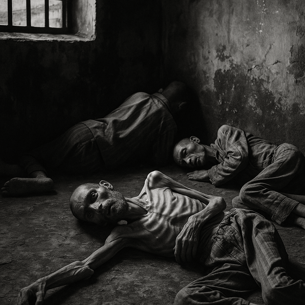 Trei deținuți politici emaciați zăcând într-o celulă întunecată, reprezentare simbolică a ororilor din închisorile comuniste din România