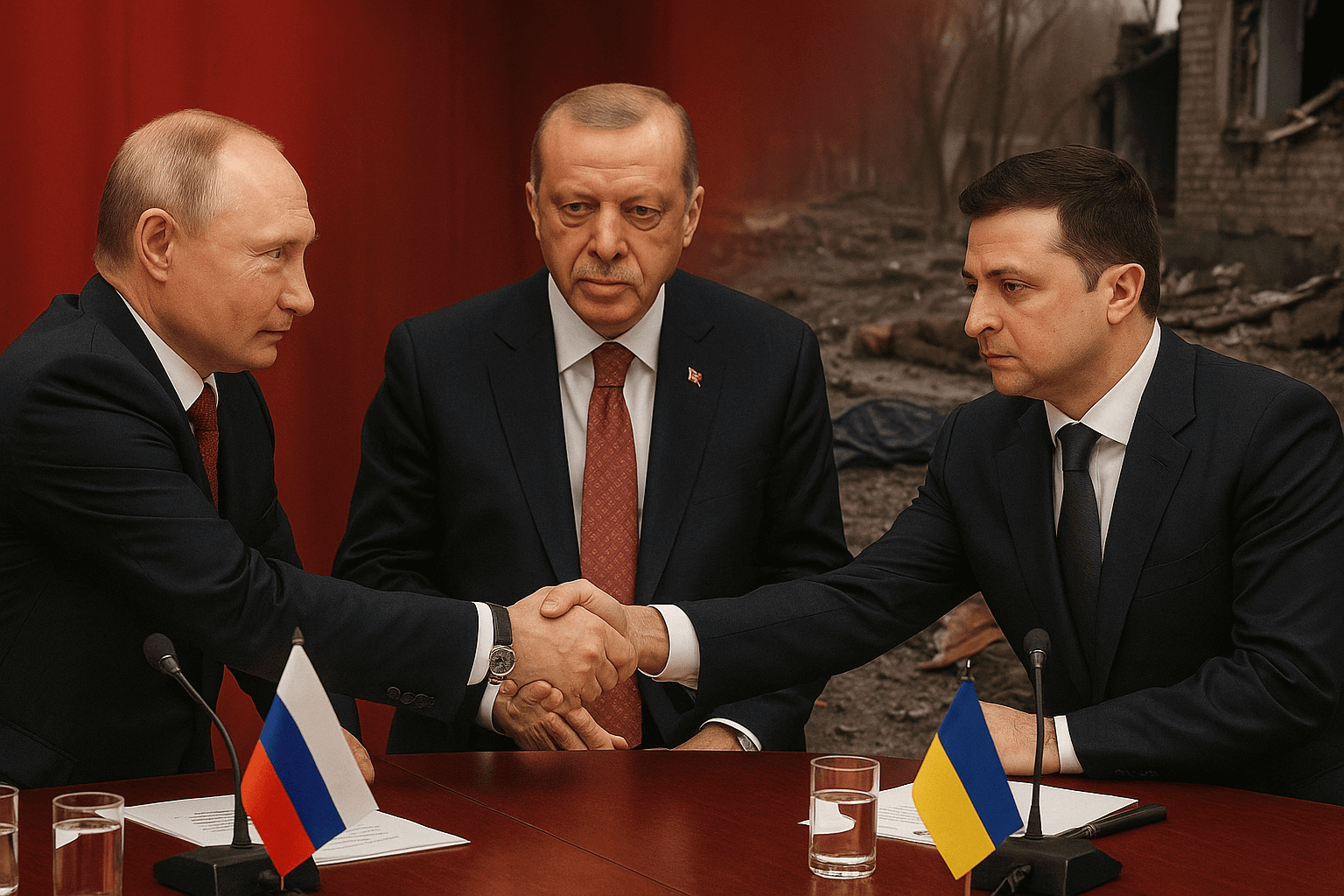 Putin, Zelenski și Erdogan la masa negocierilor, cu fundal de război și ruine în spate