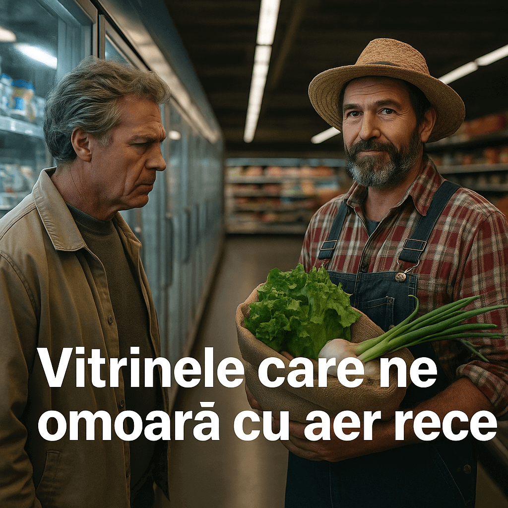 Imagine realistă cu o persoană privind o vitrină frigorifică într-un supermarket, cu titlul suprapus „Vitrinele care ne omoară cu aer rece”
