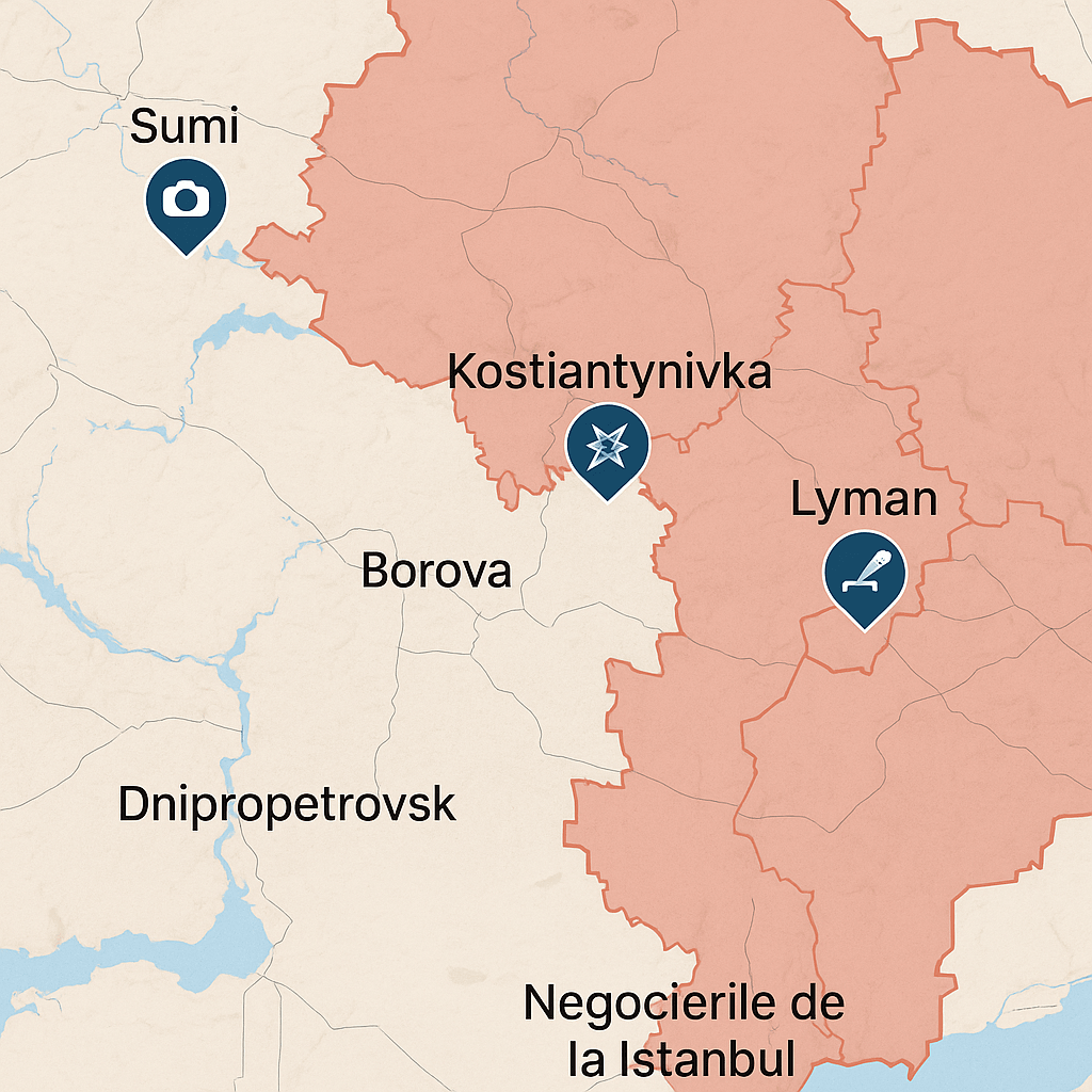 Hartă a regiunilor afectate de ofensiva rusă în Ucraina, iunie 2025 – Sumî, Kostiantynivka, Lyman, Borova și Dnipropetrovsk, cu referire la negocierile de la Istanbul.