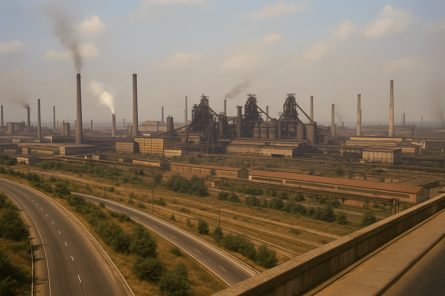 Combinatul Siderurgic Galați văzut de pe viaduct în anii 1980, cu furnale și clădiri industriale active, imagine realistă color