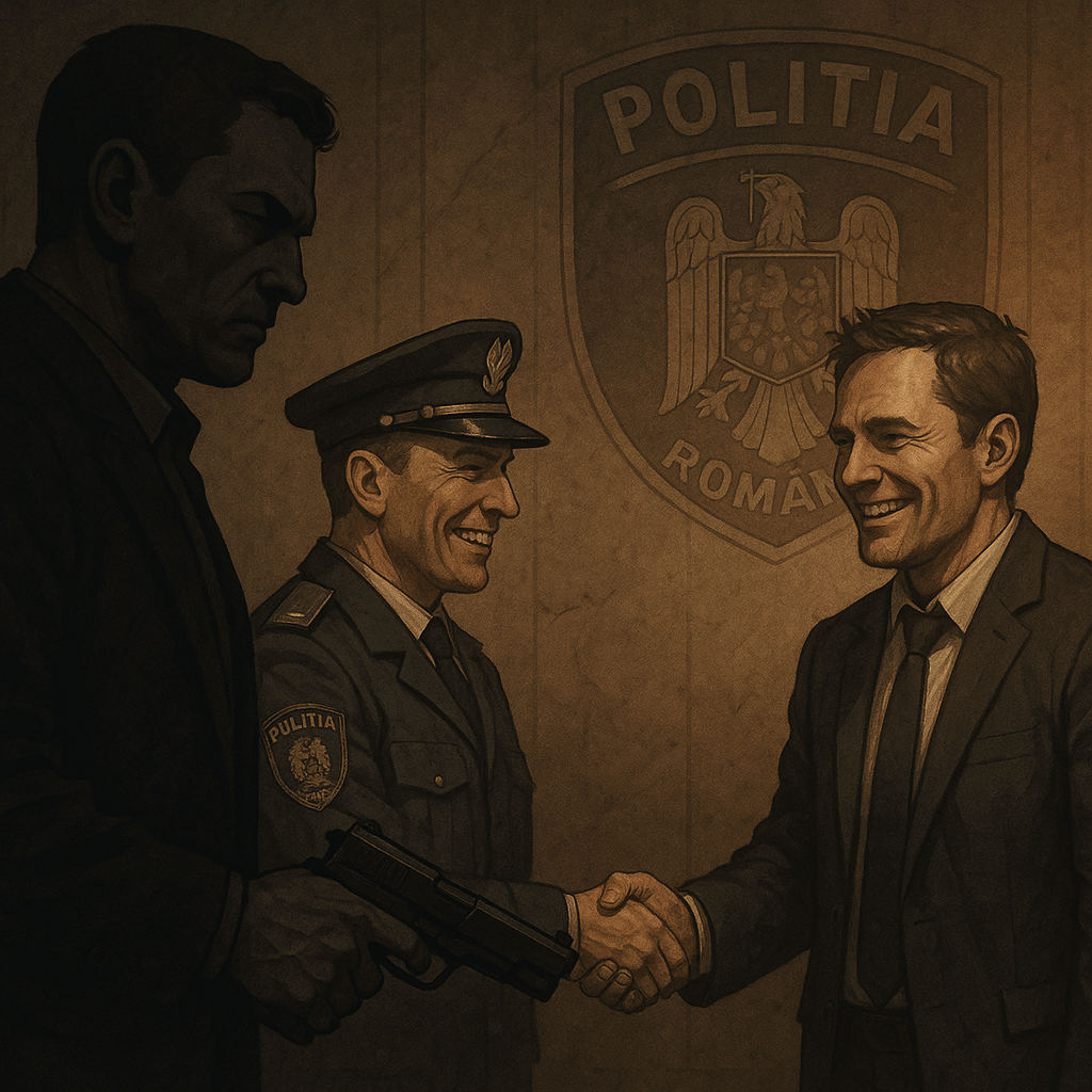 Polițist român zâmbind, dând mâna cu un bărbat în costum, în timp ce o figură din umbră ține un pistol – simbol al complicității dintre poliție și infractori