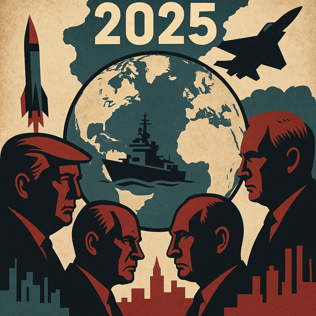 Ilustrație geopolitică în stil vintage care simbolizează tensiunile internaționale în 2025, cu România și Moldova în centrul confruntării NATO–BRICS.