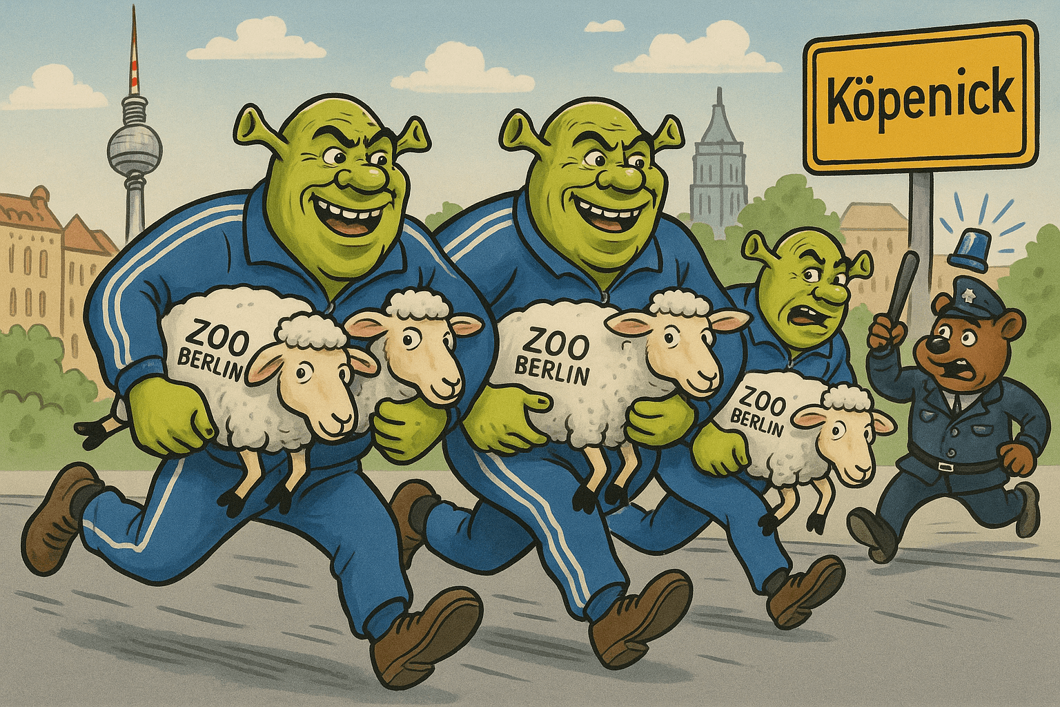 Trei Shrek-i în trening fug prin Berlin cu oi marcate „Zoo Berlin”, urmăriți de un urs polițist – caricatură satirică despre scandalul cu oile tranșate într-un apartament din Köpenick