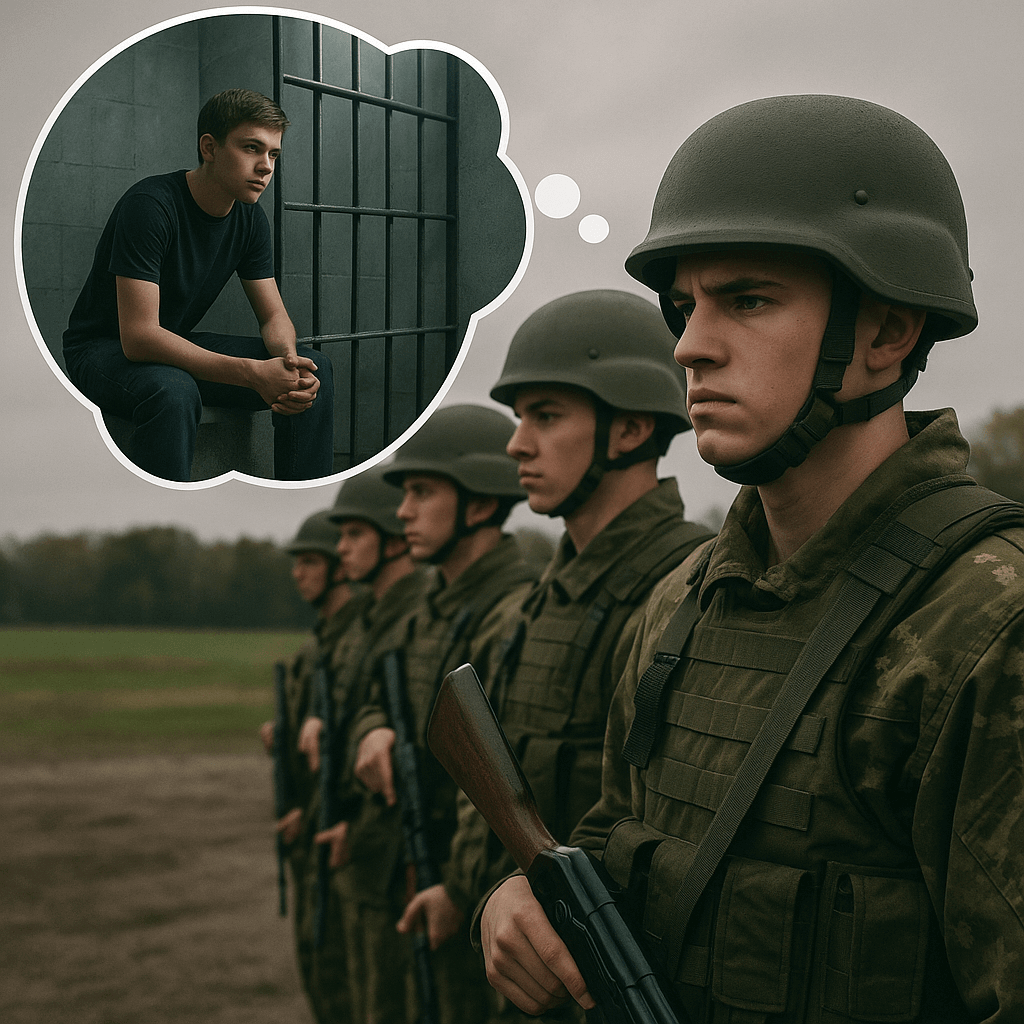 Tânăr în uniformă militară românească privind înainte în timpul unei instrucții, în timp ce o bulă de gândire arată imaginea sa în pușcărie, simbolizând frica falsă indusă de propaganda digitală