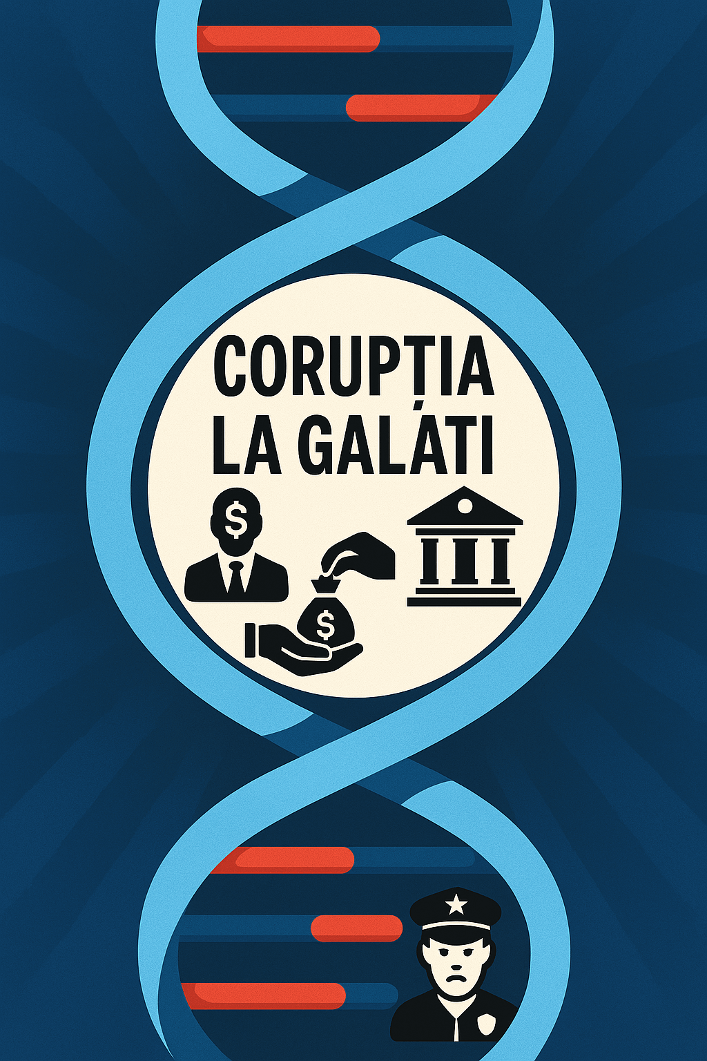 Ilustrație conceptuală a corupției la Galați integrată simbolic într-un lanț ADN – metaforă vizuală pentru infiltrarea rețelelor politico-judiciare în instituțiile statului