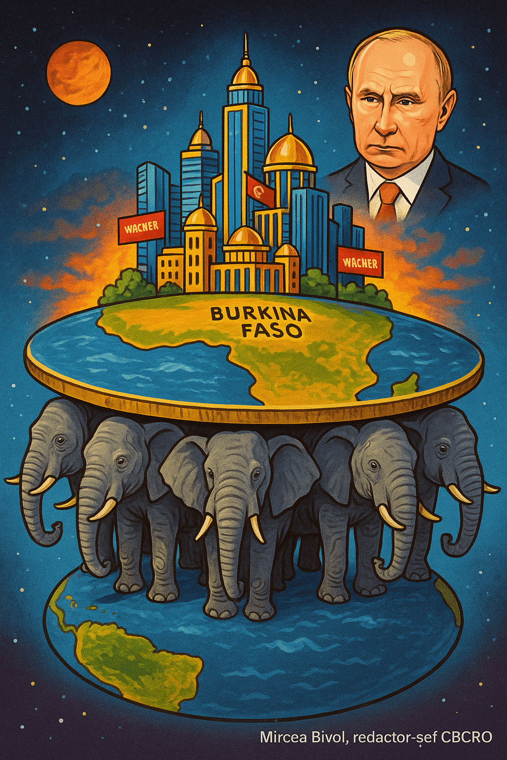 Ilustrație geopolitică reprezentând Rusia și Africa pe o hartă simbolică, cu elefanți și figura unui lider politic, folosită de CBCRO pentru analiză internațională.