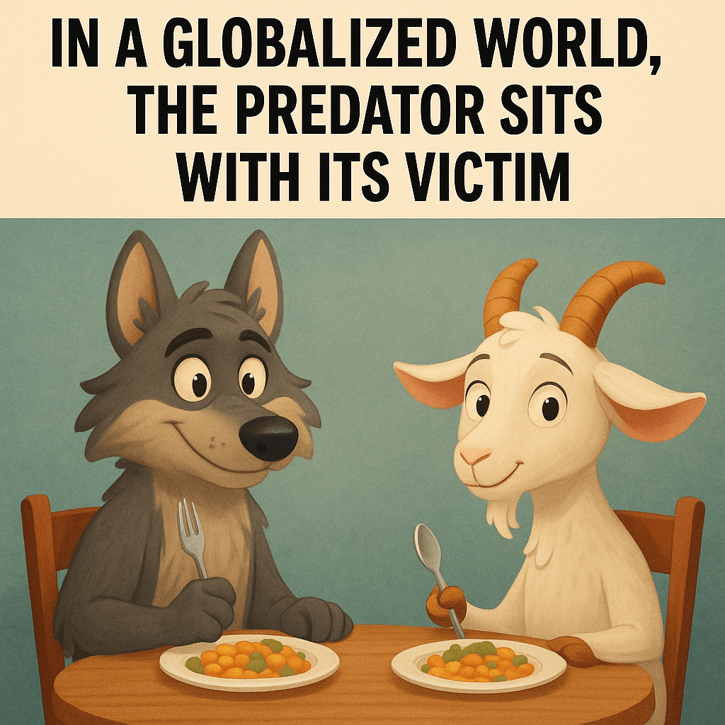 Ilustrație simbolică cu un lup și o capră stând la aceeași masă, folosită de CBCRO pentru a ilustra ipocrizia globalismului modern.