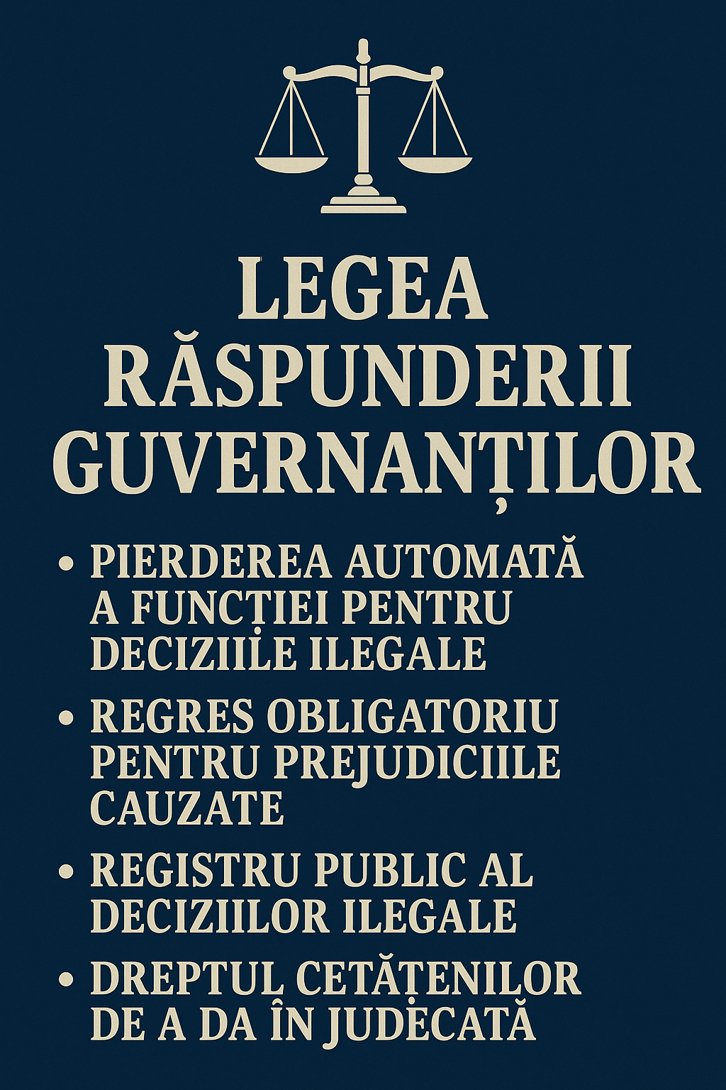 Afiș oficial pentru inițiativa legislativă „Legea Răspunderii Guvernanților”, care propune pierderea automată a funcției pentru decizii ilegale și dreptul cetățenilor de a da în judecată guvernanții.
