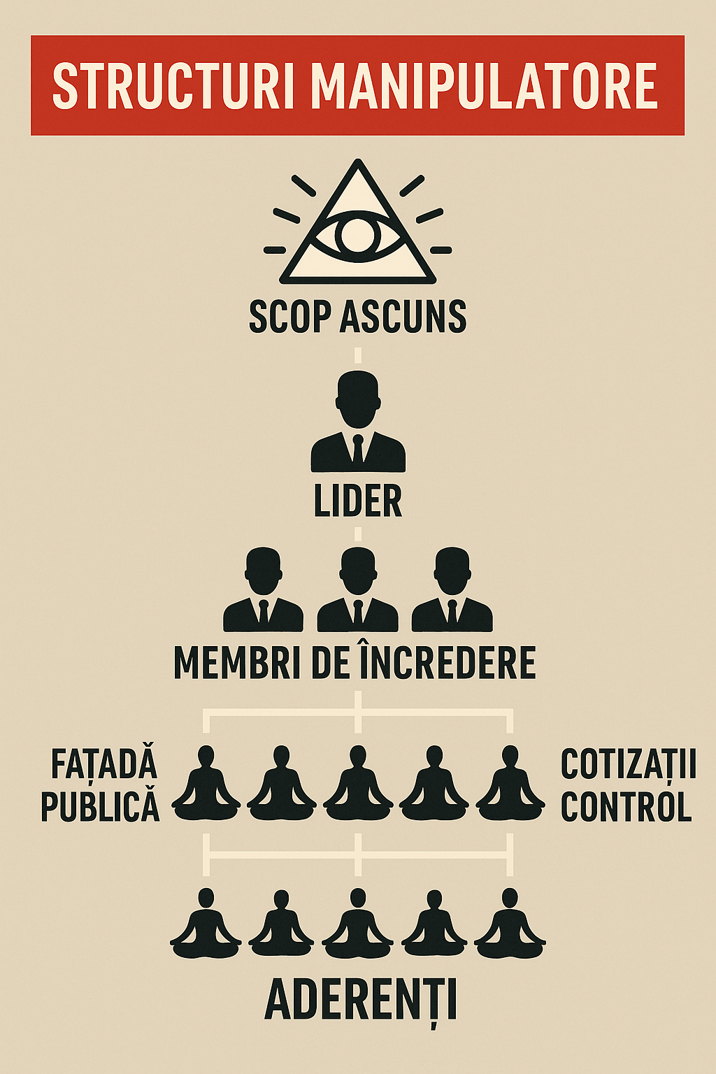 Diagramă ierarhică a unei structuri manipulative de tip ocult. În vârf este reprezentat un scop ascuns prin simbolul unui ochi într-un triunghi, urmat de un lider unic, un cerc de membri de încredere, un strat intermediar care asigură fațada publică și colectează cotizații, iar la bază – aderenți controlați. Imagine conceptuală despre secte, organizații inițiatice sau structuri paralele de putere.