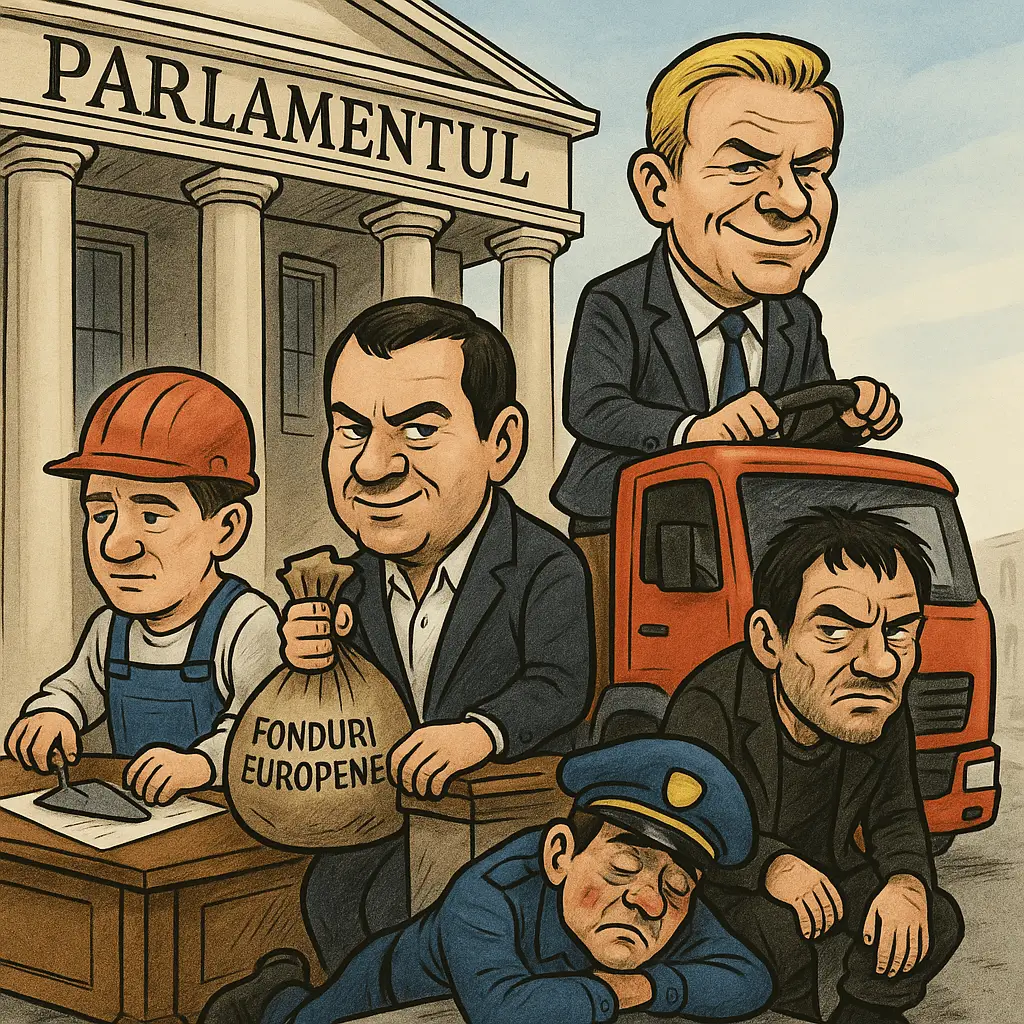 Caricatură politică digitală reprezentând Parlamentul României ca un „cuibușor de impostori”. Un zidar cu mistria și cămașă populară stă pe fotoliul Comisiei pentru fonduri europene, deasupra unei valize cu bani UE. În spatele lui, un speculant imobiliar ține un plan cadastral fals cu ștampila „validat”. Alături, un hoț calare pe un TIR cu marfă furată strigă „Sunt european!”, iar în colț, un fost deputat bate cu bocancul un polițist căzut, pe care scrie „stat de drept”. Pe frontonul clădirii Parlamentului apare inscripția: „Casa hoților cu legitimație”. În fundal, drapelul României e murdar și inversat.