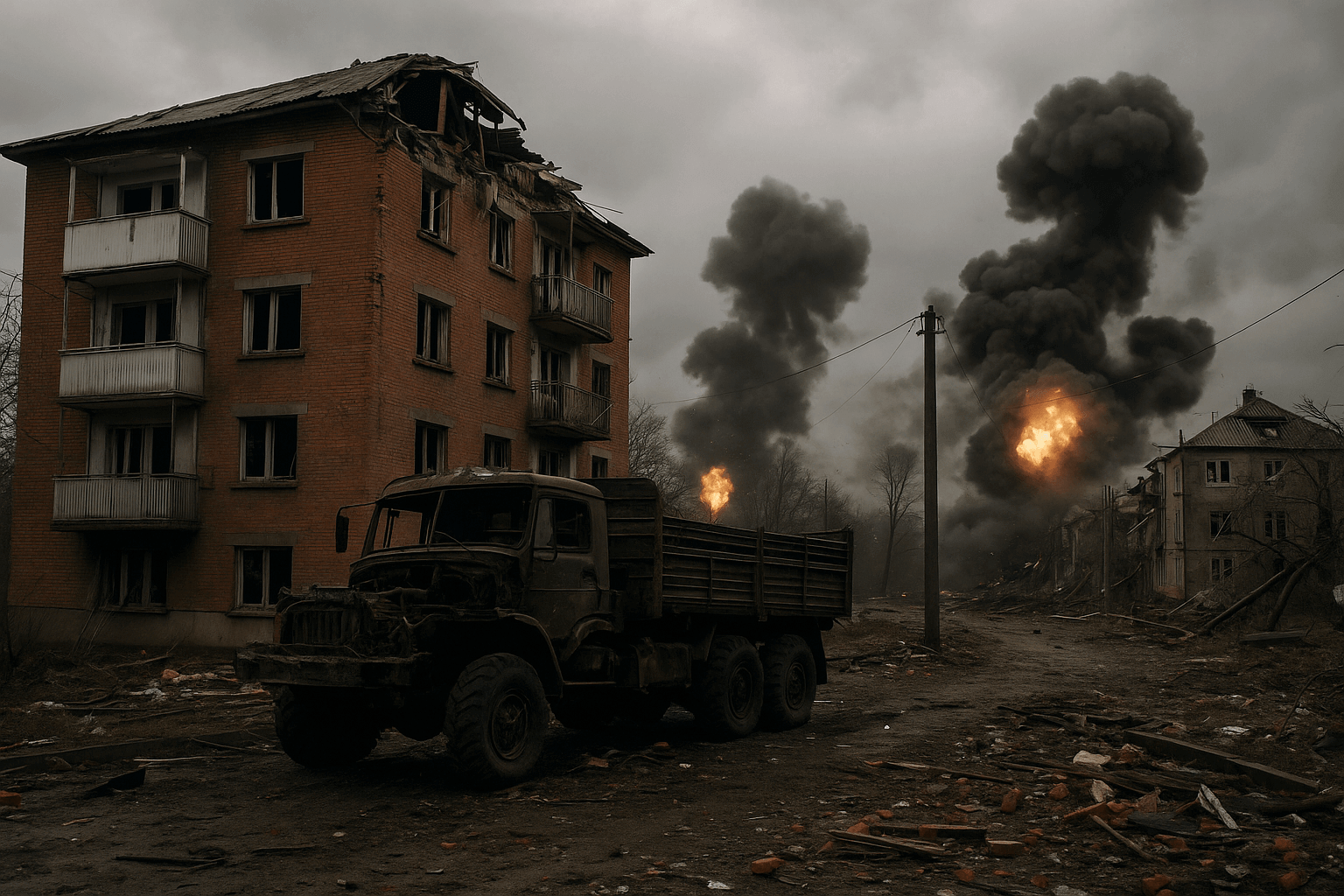 Clădiri distruse și camioane militare arse într-un oraș ucrainean bombardat, cu explozii masive și fum gros ridicându-se din ruine, în contextul ofensivei ruse din nordul Ucrainei