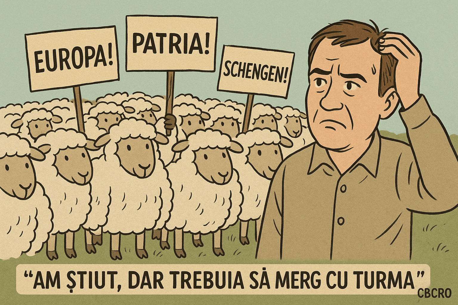 Ilustrație satirică cu oi într-un câmp, ținând pancarte politice, simbol al turmei care urmează manipularea.