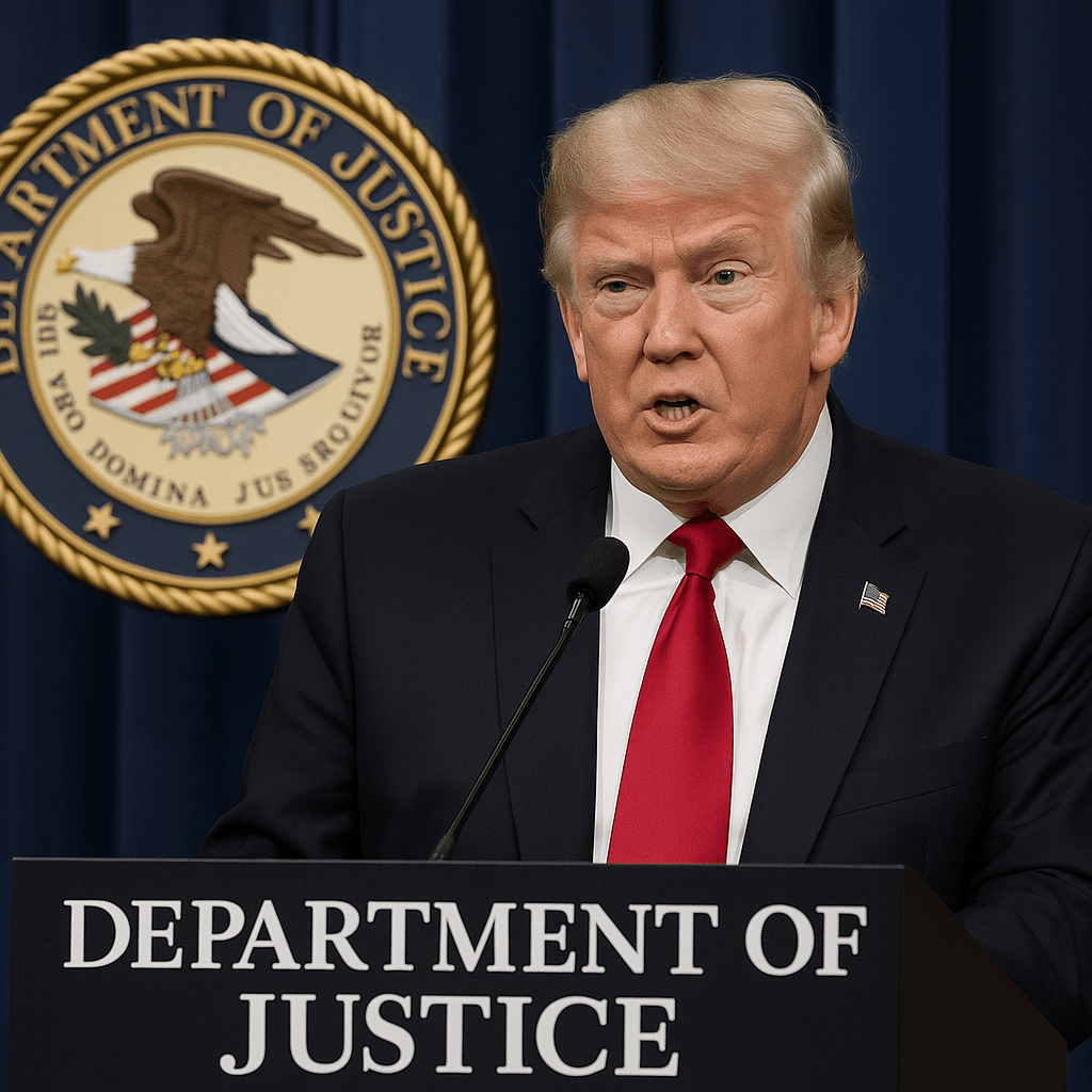 Donald Trump, la podium cu sigiliul Departamentului de Justiție în fundal, declarații politice în SUA