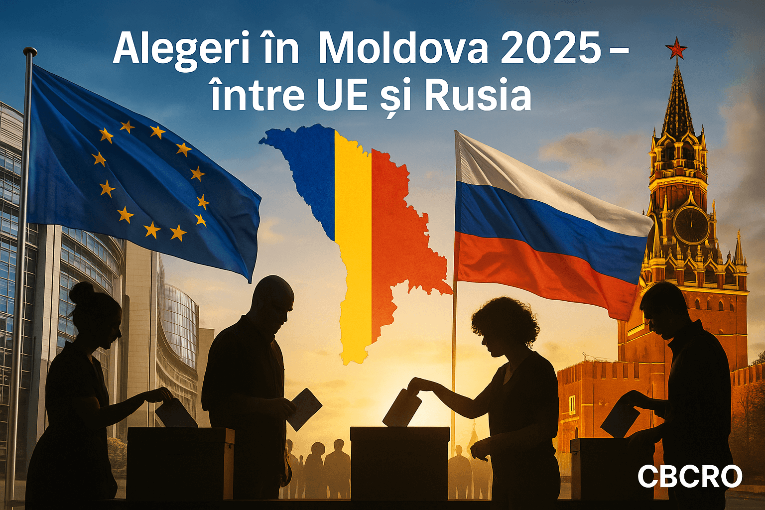 Siluete de alegători la urne pe fundalul tricolorului Republicii Moldova, între steagurile UE și Rusia, simbolizând confruntarea geopolitică din alegeri.