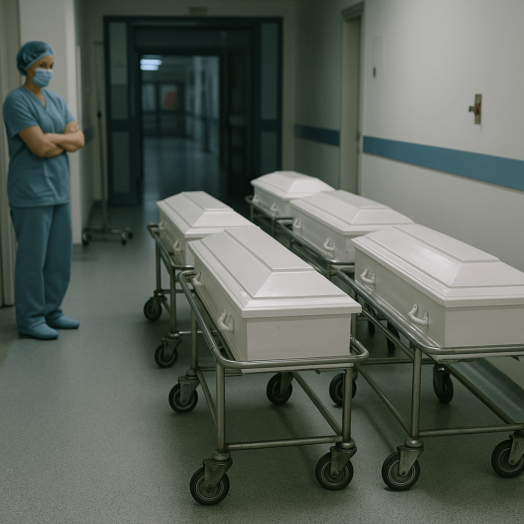 Salon de spital din România, pat de copil acoperit cu cearșaf alb și atmosferă sumbră, simbol al tragediei de la Iași unde șase copii au murit din cauza infecțiilor nosocomiale.