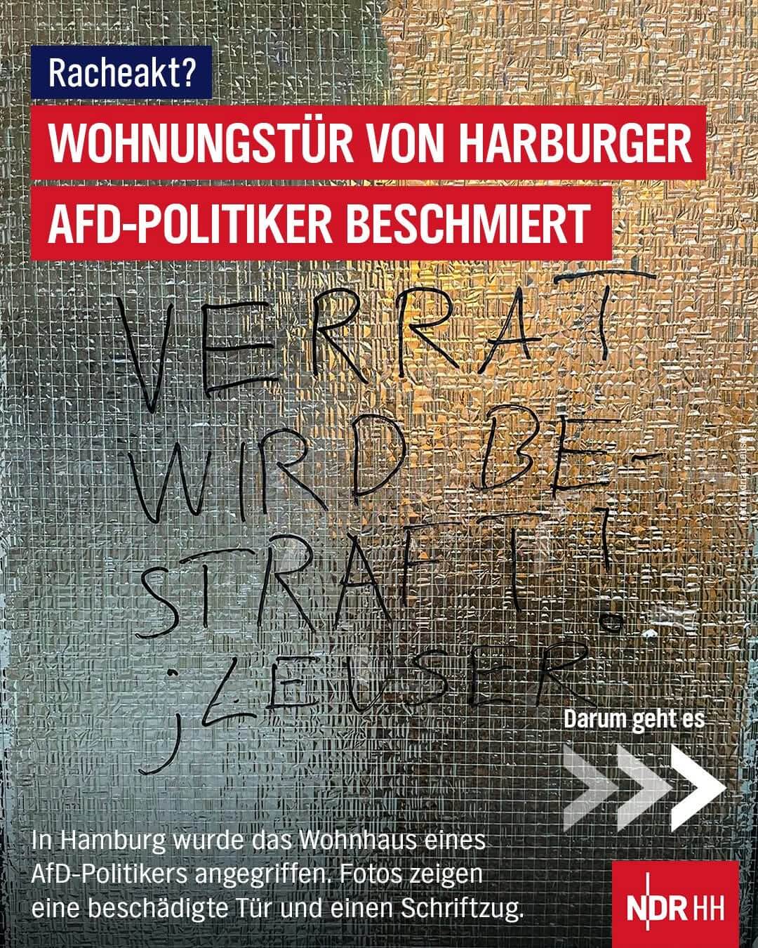 Fotografie publicată de NDR Hamburg care arată ușa locuinței politicianului AfD Adrian Leuser din Hamburg-Harburg, vandalizată cu mesajul „Verrat wird bestraft” („Trădarea va fi pedepsită”).