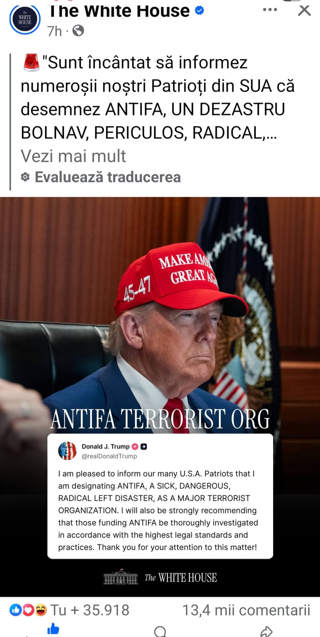 Captură a unei postări Facebook a fostului președinte Donald Trump, în care anunță desemnarea mișcării ANTIFA drept organizație teroristă, ca reacție la violențele și radicalizarea stradală din SUA.