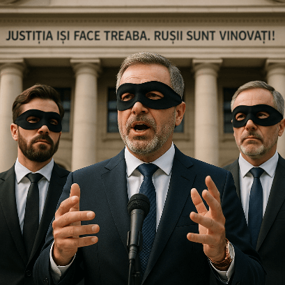 Imagine satirică ce înfățișează trei bărbați în costume și ochelari negri, în fața unei clădiri oficiale, cu inscripția ironică „Justiția își face treaba. Rușii sunt vinovați!”, simbolizând manipularea opiniei publice și corupția din sistemul de justiție.