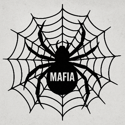 Ilustrație simbolică cu o pânză de păianjen și un păianjen negru inscripționat „MAFIA”, reprezentând metaforic rețeaua globală de influență și corupție analizată în articolele CBCRO.