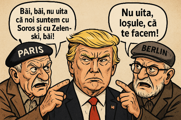 Caricatură politică ce îl înfățișează pe Donald Trump între două figuri simbolice ale Europei occidentale, etichetate Paris și Berlin, reprezentând presiunile blocului globalist asupra curentului suveranist.