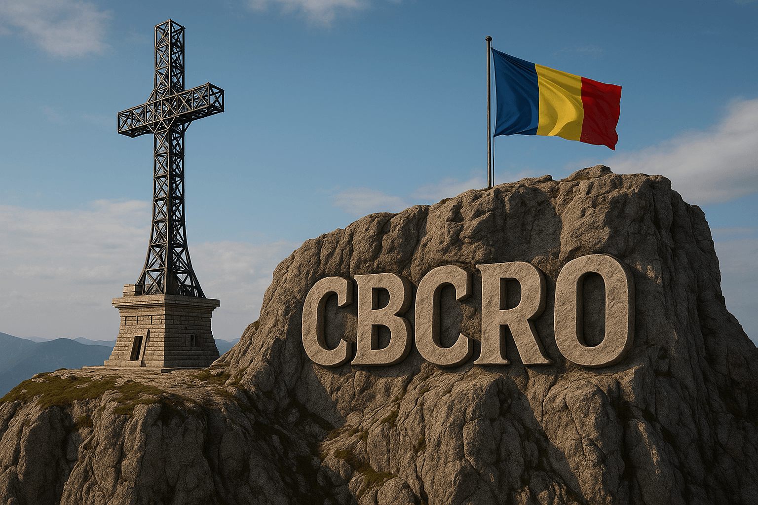 CBCRO – Crucea Eroilor de pe Caraiman și drapelul României, simbol al credinței și jurnalismului independent românesc.