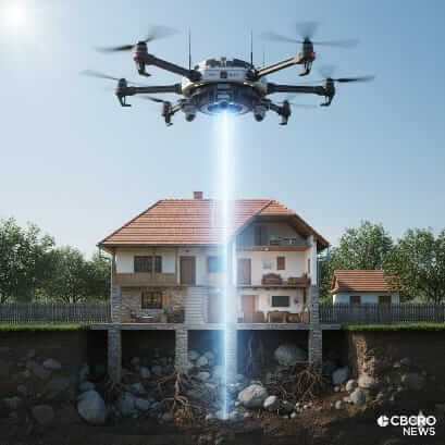 Ilustrație cu o dronă ANAF care supraveghează o casă din România, simbol al controlului fiscal digital.